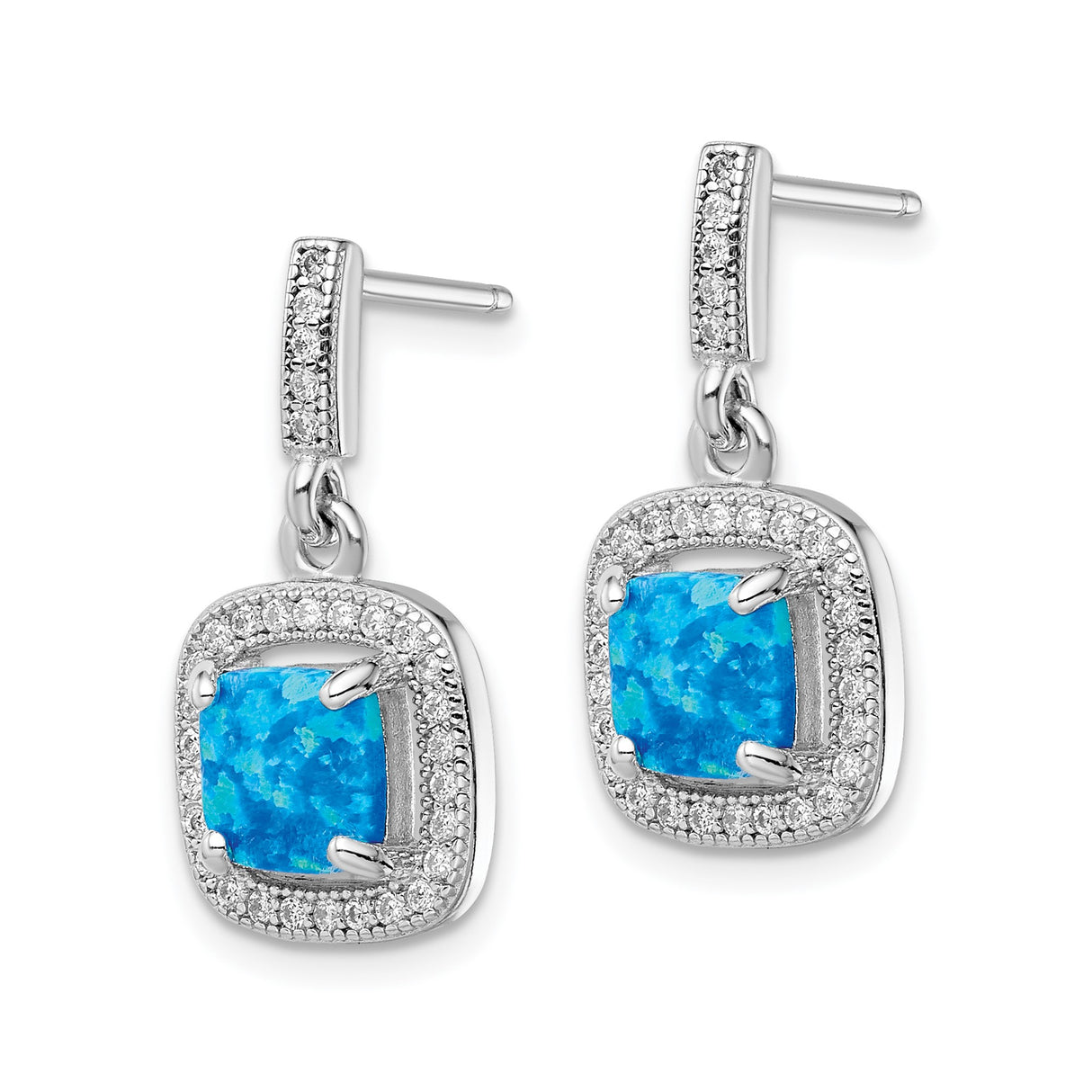 Sterling Silver Dangle Earrings with Blue Created Opal and Halo Cubic Zirconia Accents