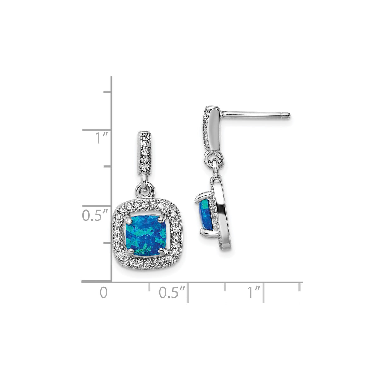 Sterling Silver Dangle Earrings with Blue Created Opal and Halo Cubic Zirconia Accents