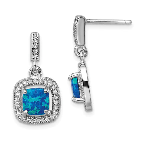 Sterling Silver Dangle Earrings with Blue Created Opal and Halo Cubic Zirconia Accents