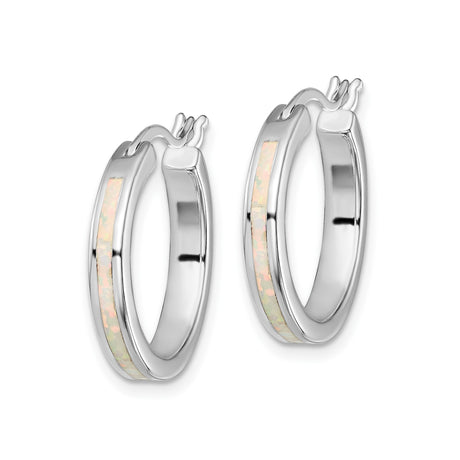 Sterling Silver Hoop Earrings with Created Opal Inlay, Minimalist Lightweight Design
