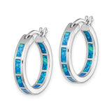 Sterling Silver Hoop Earrings with Created Opal Inlay, Modern Minimalist Design for Women