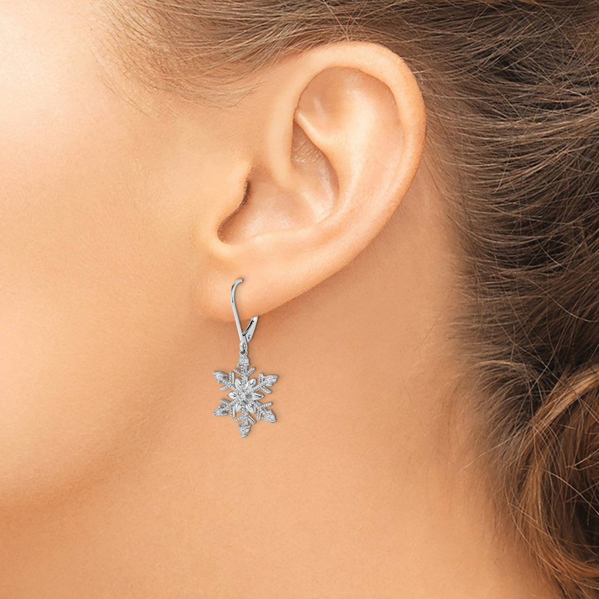 Sterling Silver Snowflake Dangle Earrings with Clear Diamond Stones, Leverback Holiday Jewelry