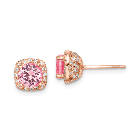 Sterling Silver Stud Earrings with Pink Cubic Zirconia Center and Halo Design