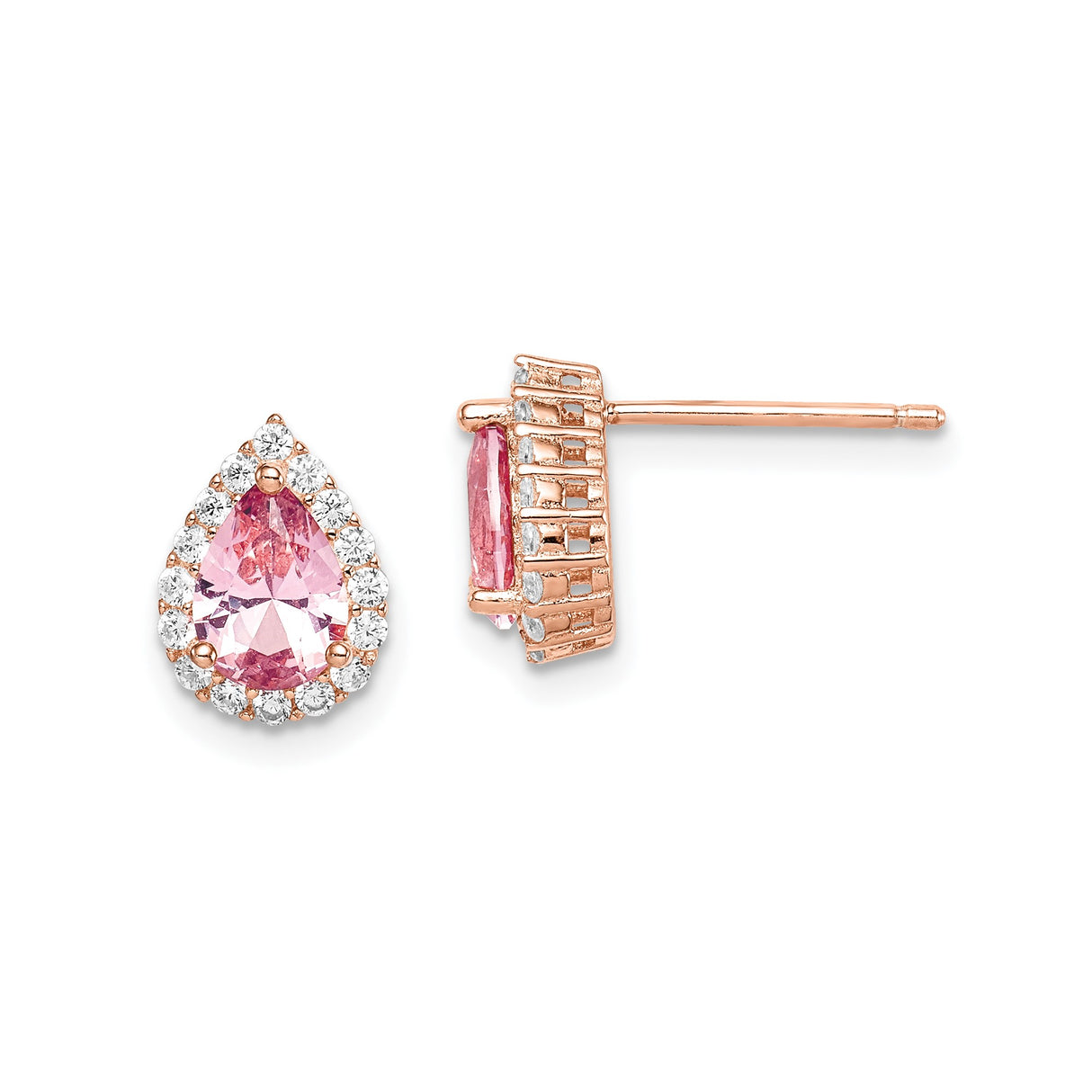 Sterling Silver Teardrop Stud Earrings with Pink Cubic Zirconia and Crystal Halo