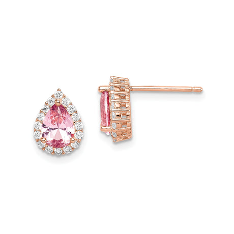 Sterling Silver Teardrop Stud Earrings with Pink Cubic Zirconia and Crystal Halo