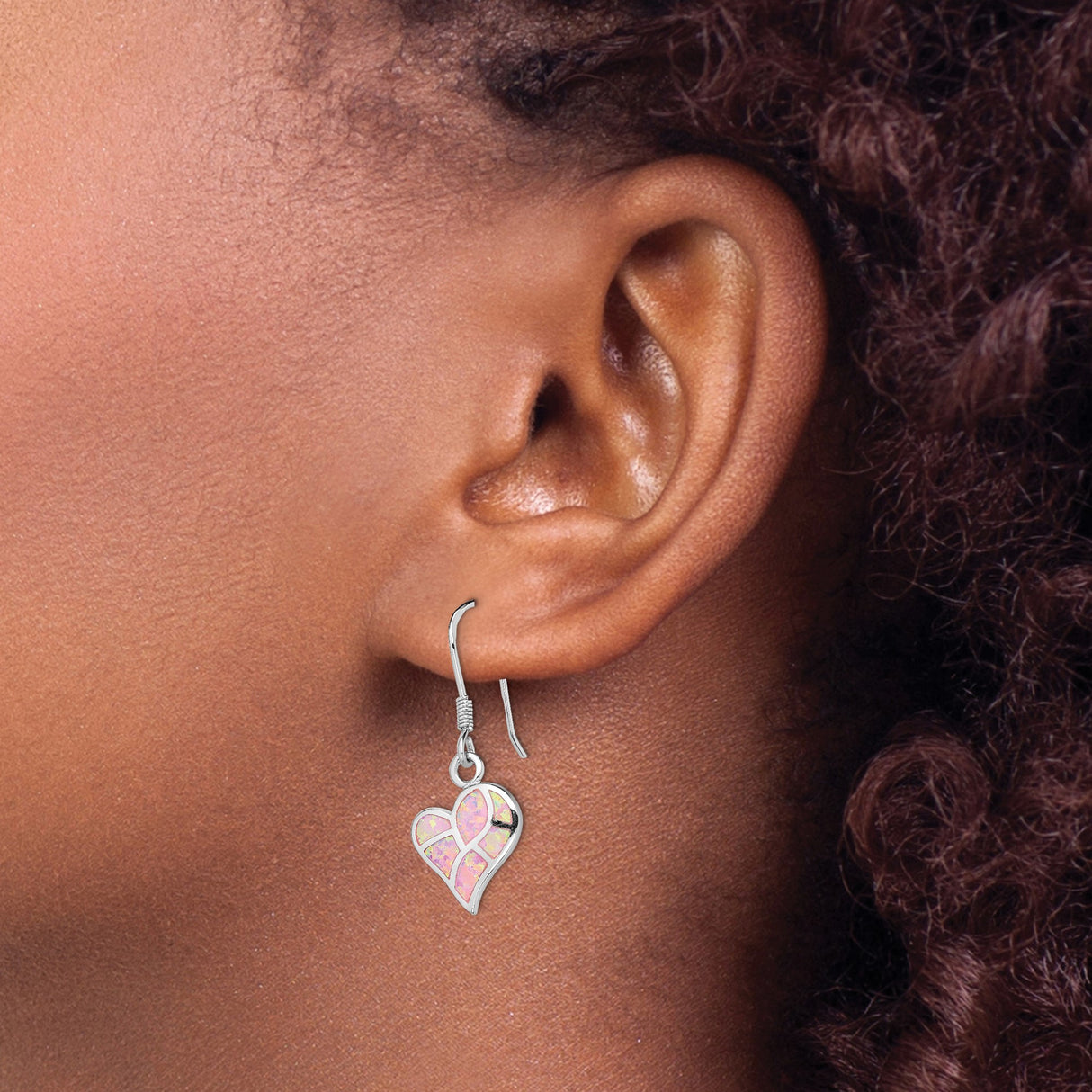 Sterling Silver Heart Shaped Dangle Earrings with Pink Created Opal Mosaic Design