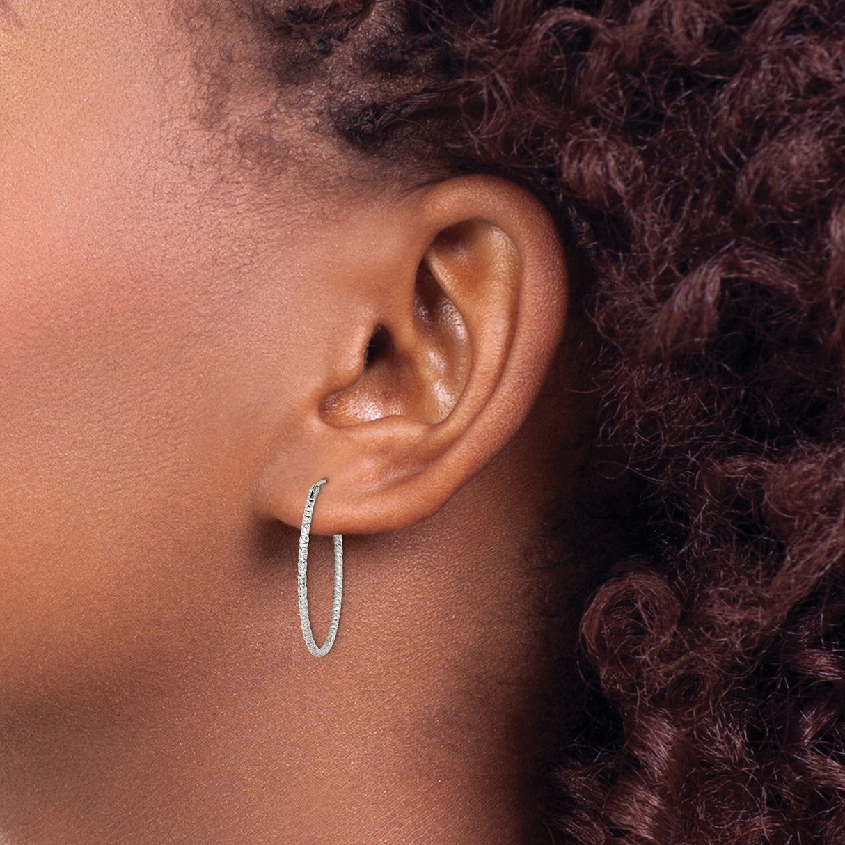 Sterling Silver Hoop Earrings, Large Textured Design with Diamond Cut Finish