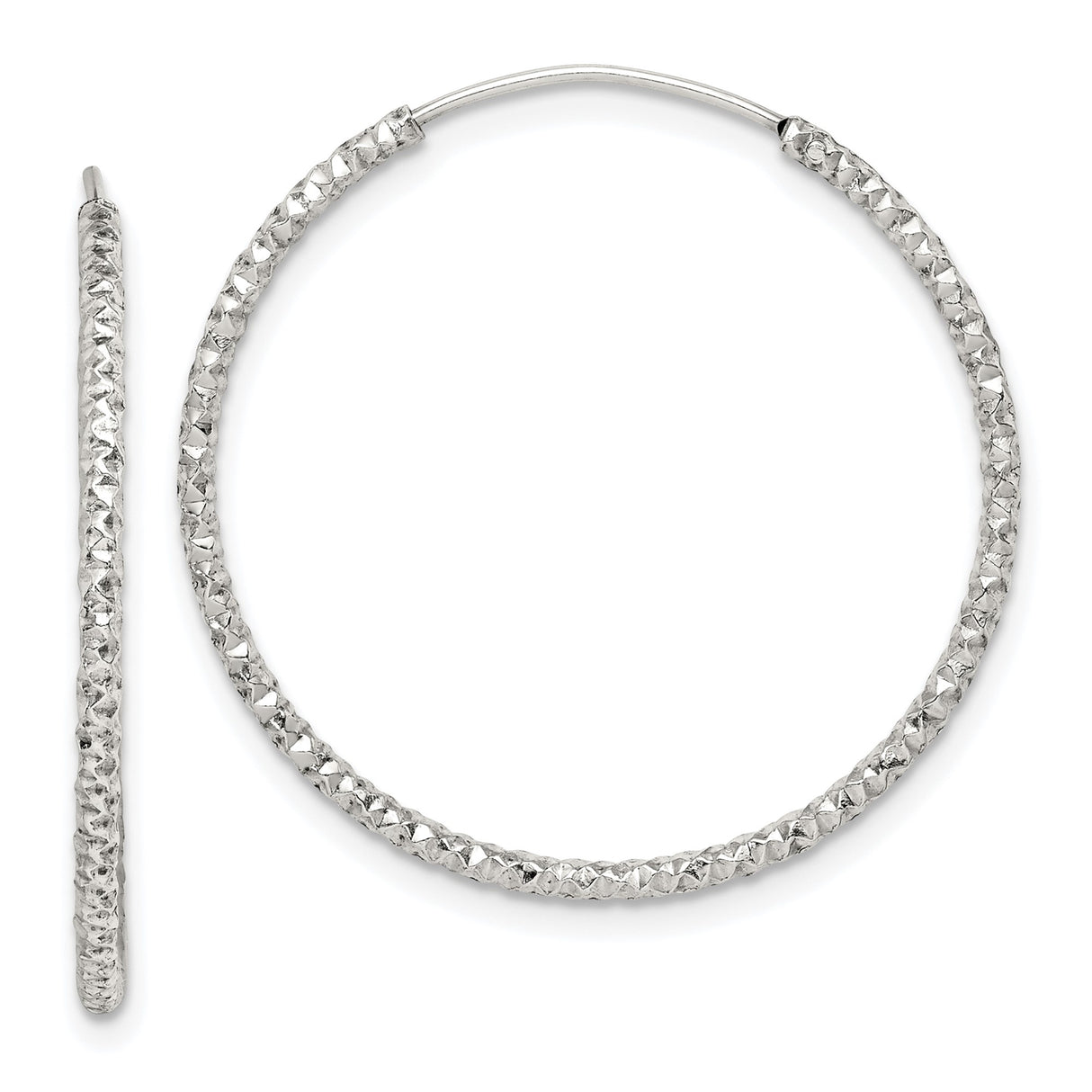 Sterling Silver Hoop Earrings, Large Textured Design with Diamond Cut Finish