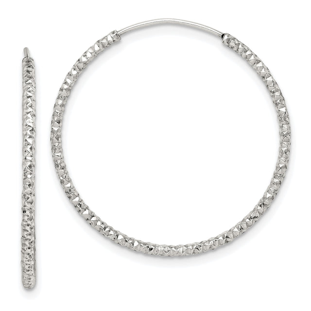 Sterling Silver Hoop Earrings, Large Textured Design with Diamond Cut Finish