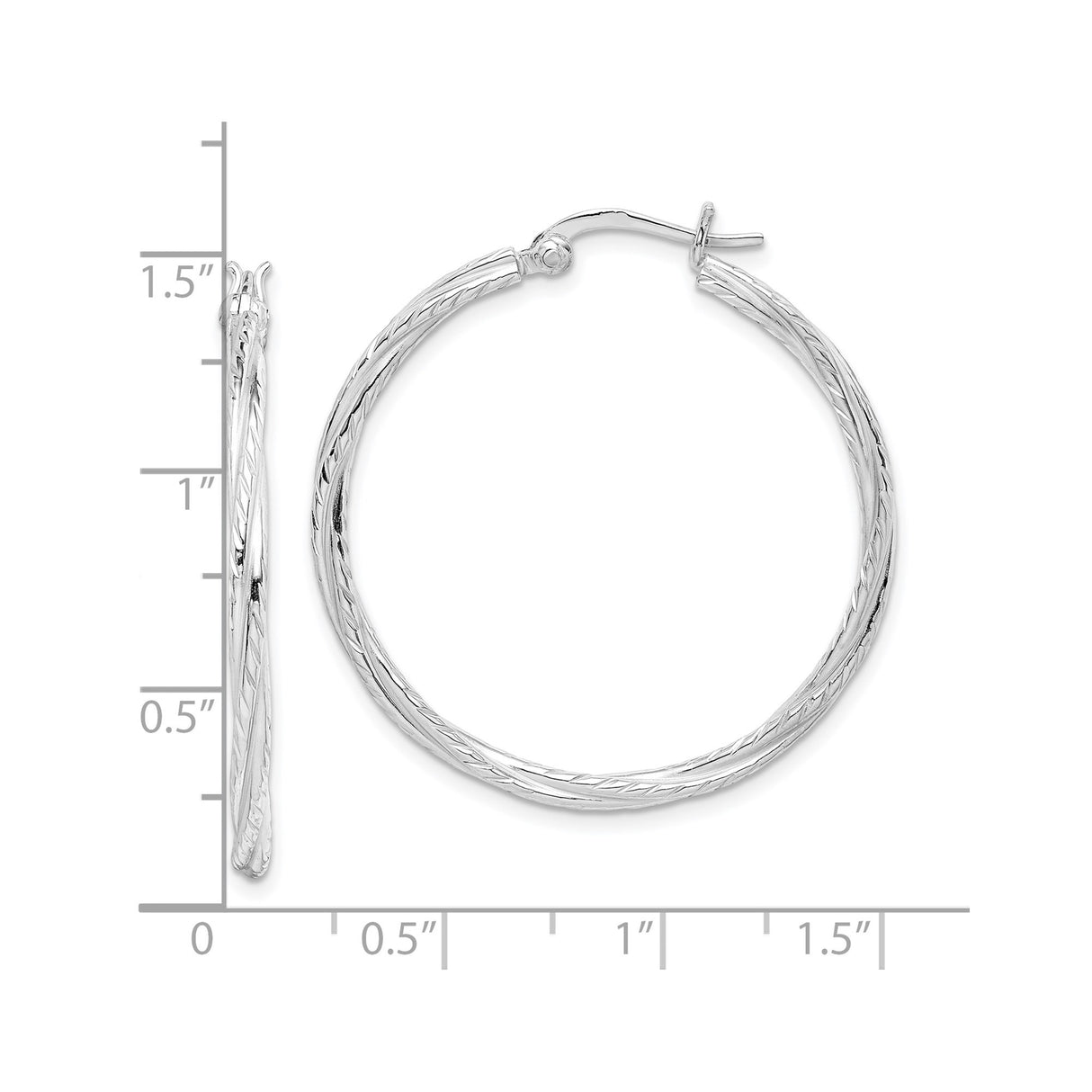 Sterling Silver Twisted Hoop Earrings with Textured Rope Design, Rhodium Plated Medium Size