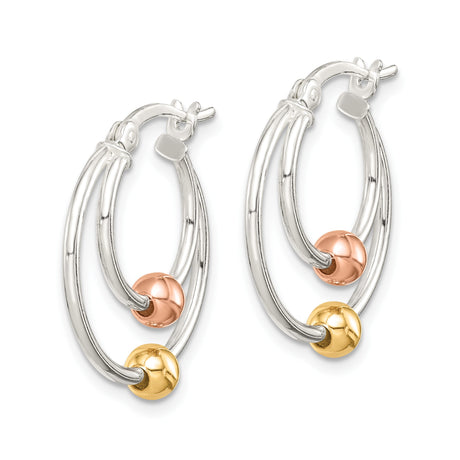 Sterling Silver Hoop Earrings with Double Hoop Design, Yellow Gold Beads, Rose Gold Accents