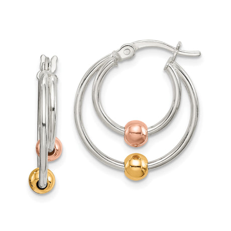 Sterling Silver Hoop Earrings with Double Hoop Design, Yellow Gold Beads, Rose Gold Accents