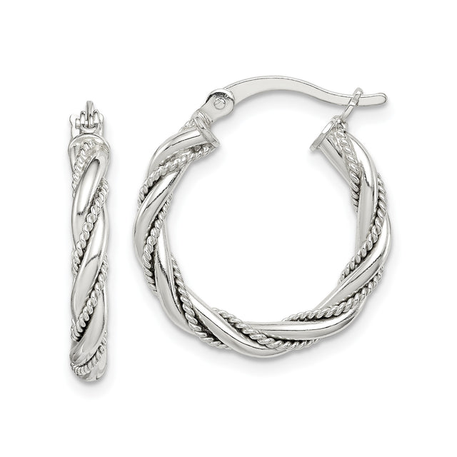 Sterling Silver Twisted Hoop Earrings with Polished Braid and Rope Detail for Women
