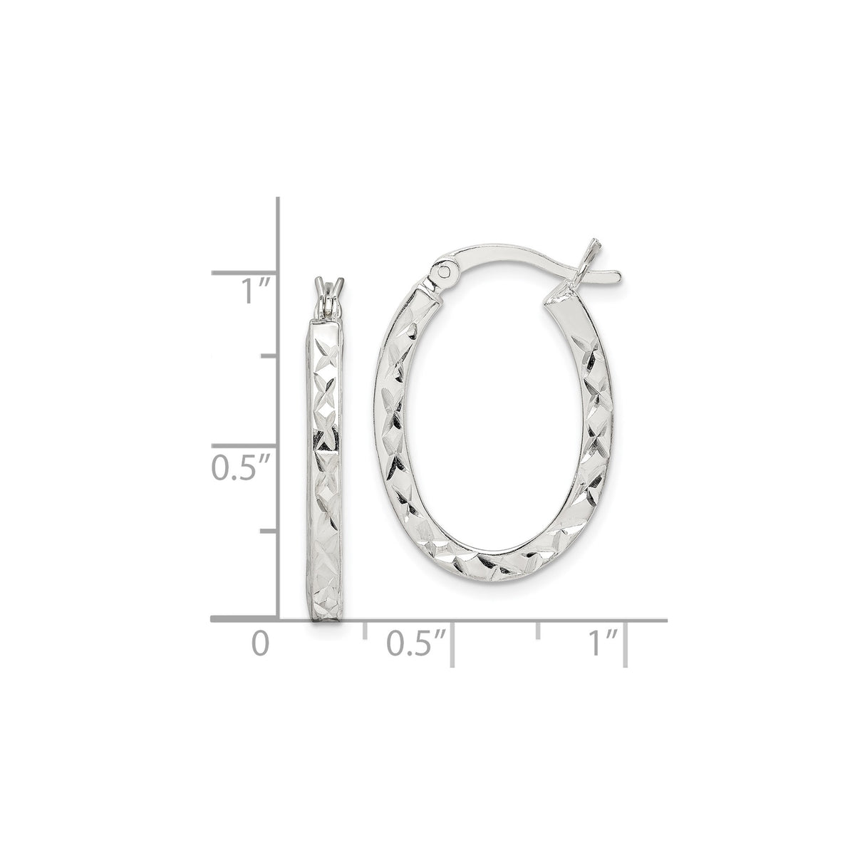 Sterling Silver Oval Hoop Earrings with Diamond Cut Texture, Polished Geometric Design