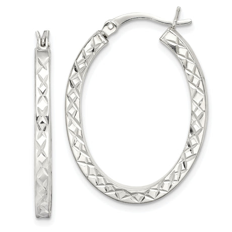 Sterling Silver Oval Hoop Earrings with Diamond Cut Crisscross Texture, Polished Finish