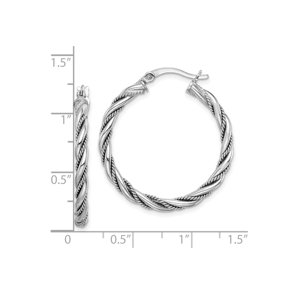 Sterling Silver Twisted Hoop Earrings with Rope Style Design and Rhodium Plated Finish