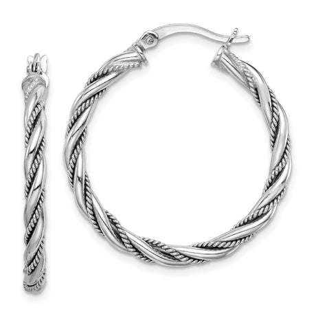Sterling Silver Twisted Hoop Earrings with Rope Style Design and Rhodium Plated Finish