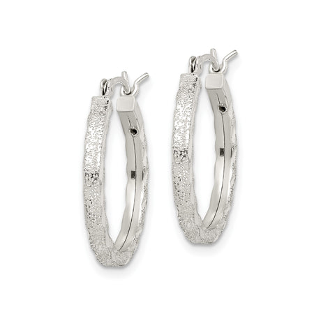 Sterling Silver Hoop Earrings, Diamond Cut Textured Round Design with Polished and Frosted Finish