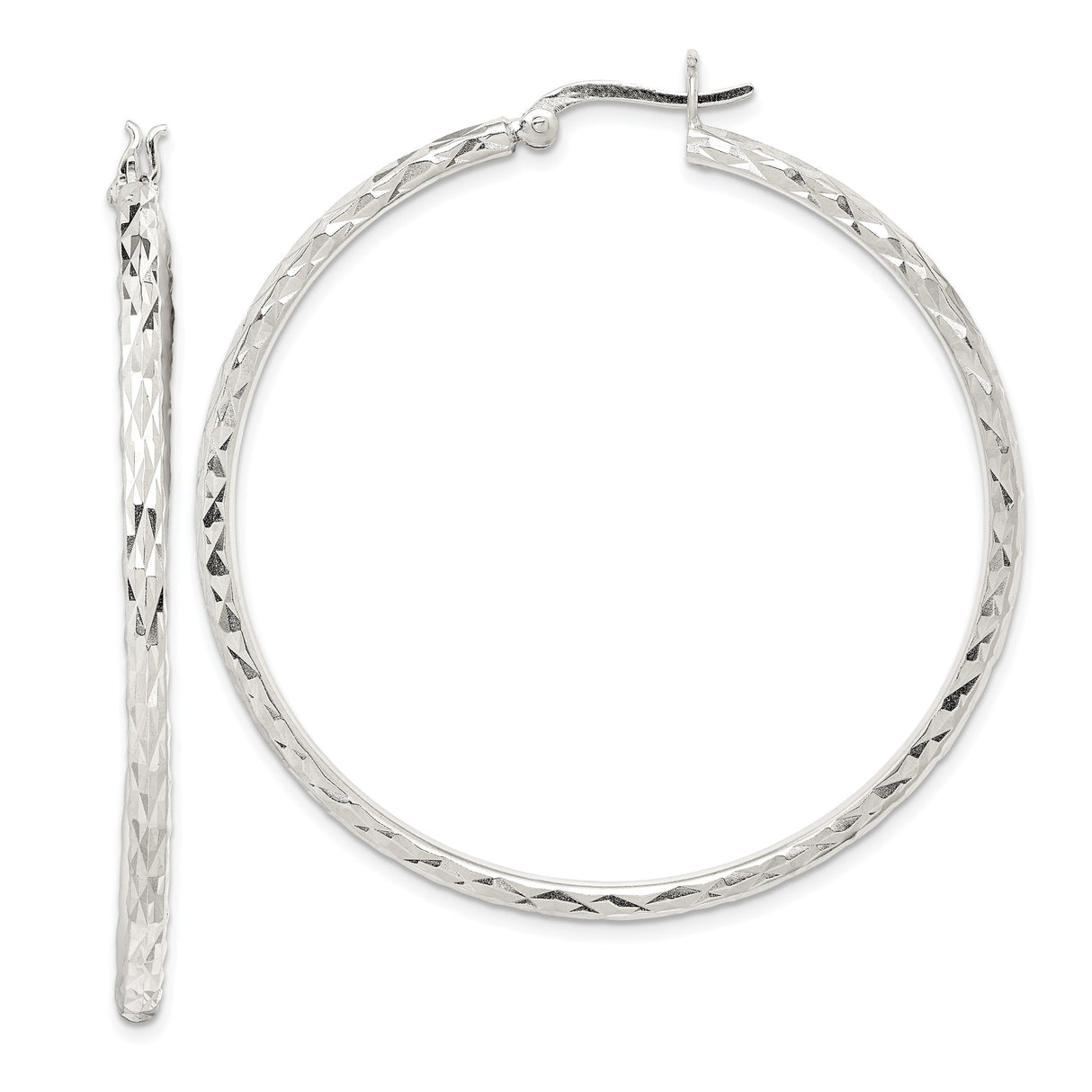 Sterling Silver Hoop Earrings, Diamond Cut Textured Round Design for Women