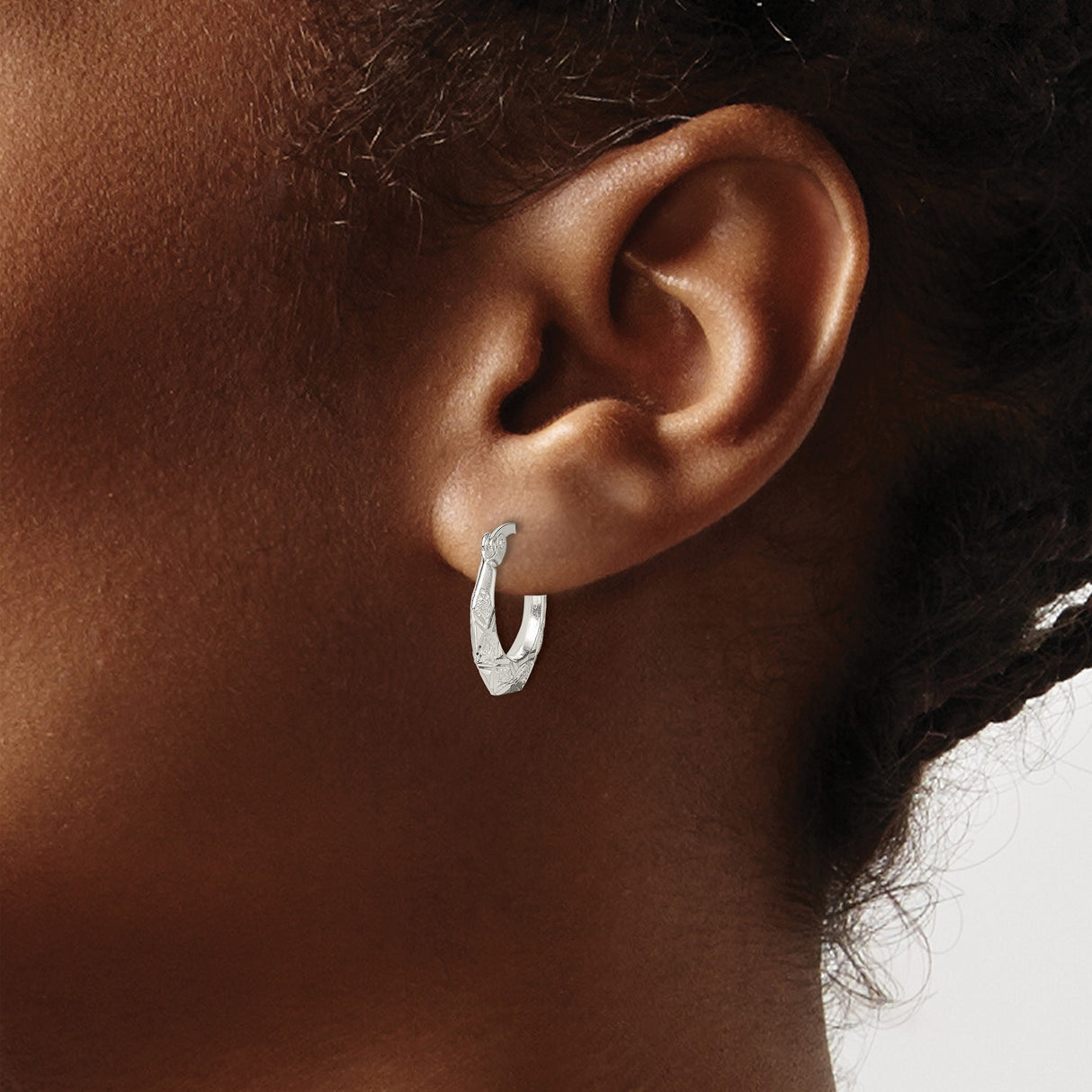 Sterling Silver Hoop Earrings with Faceted Texture and Glitter Accents, Octagonal Hinged Design