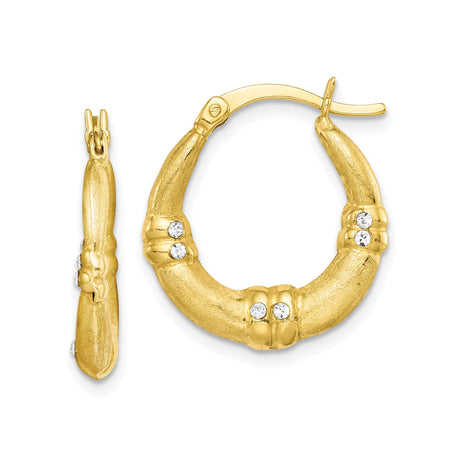 Sterling Silver Bamboo Hoop Earrings with Cubic Zirconia, Textured Tropical Style