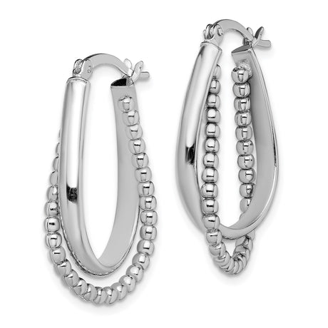 Sterling Silver Teardrop Hoop Earrings with Double Row Polished Beads, Modern Minimalist Style