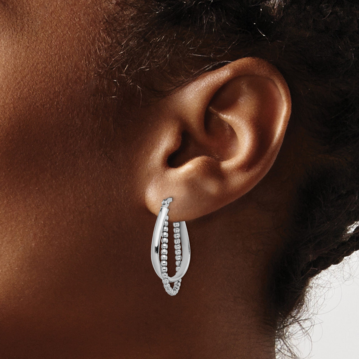 Sterling Silver Teardrop Hoop Earrings with Double Row Polished Beads, Modern Minimalist Style