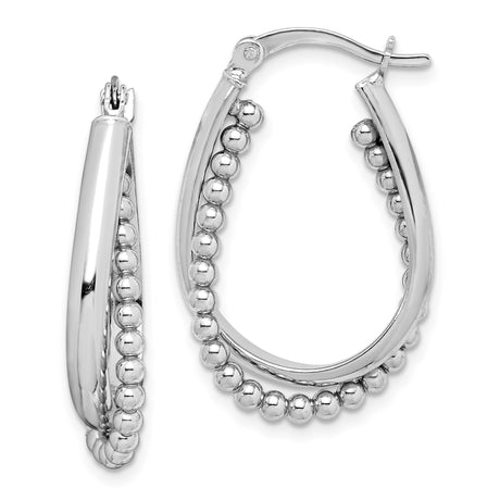 Sterling Silver Teardrop Hoop Earrings with Double Row Polished Beads, Modern Minimalist Style