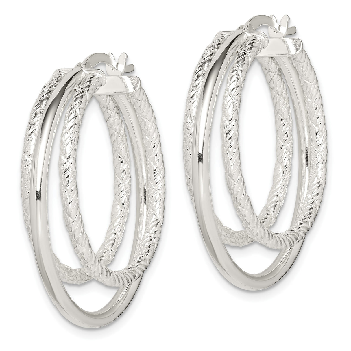 Sterling Silver Hoop Earrings with Dual Band Braided Polished and Textured Design for Women