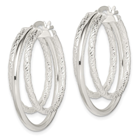 Sterling Silver Hoop Earrings with Dual Band Braided Polished and Textured Design for Women