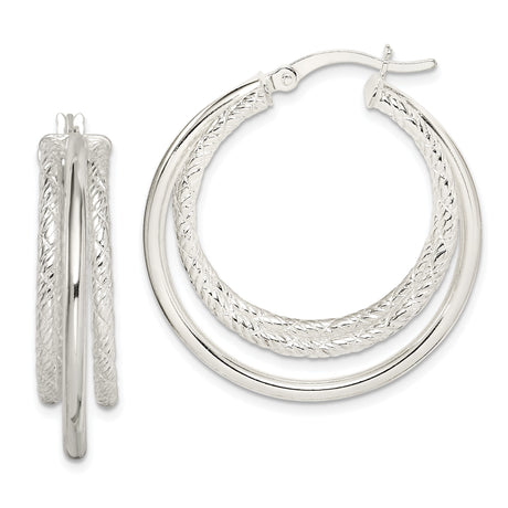 Sterling Silver Hoop Earrings with Dual Band Braided Polished and Textured Design for Women