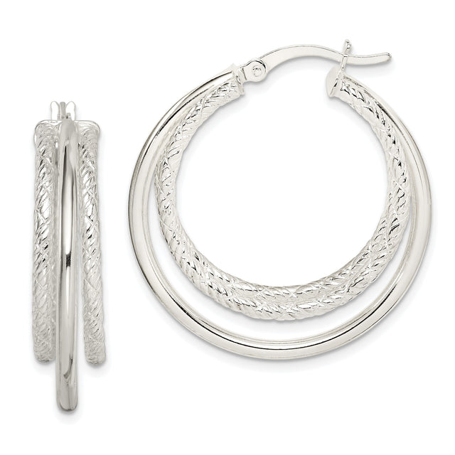 Sterling Silver Hoop Earrings with Dual Band Braided Polished and Textured Design for Women