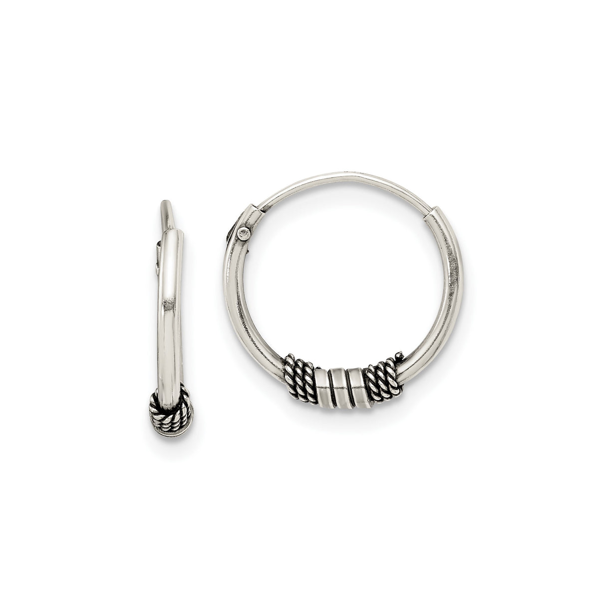 Sterling Silver Hoop Earrings with Oxidized Rope Coil, Tribal Boho Design, Unisex Jewelry