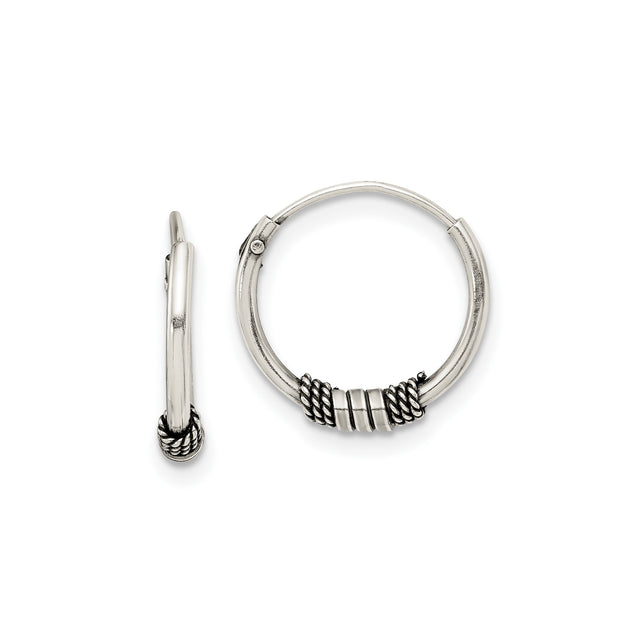 Sterling Silver Hoop Earrings with Oxidized Rope Coil, Tribal Boho Design, Unisex Jewelry