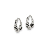 Sterling Silver Hoop Earrings with Oxidized Coil and Bead Accents, Balinese Boho Style