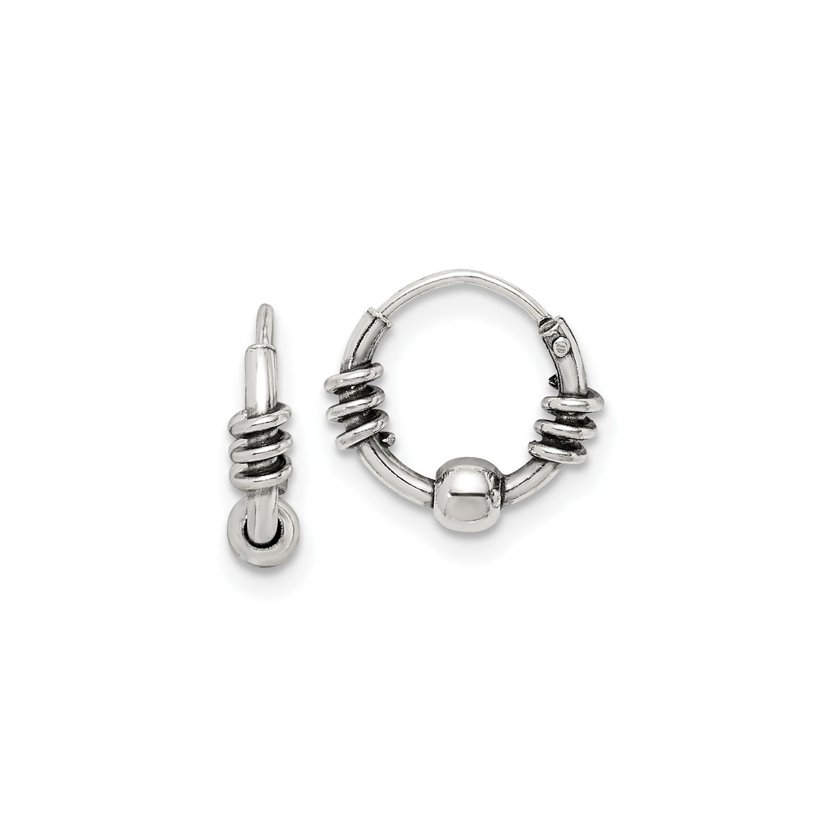Sterling Silver Hoop Earrings with Oxidized Coil and Bead Accents, Balinese Boho Style