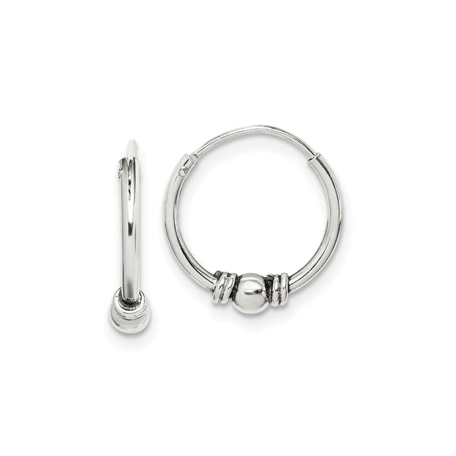Sterling Silver Hoop Earrings with Polished Bead and Wrapped Wire, Boho Tribal Style
