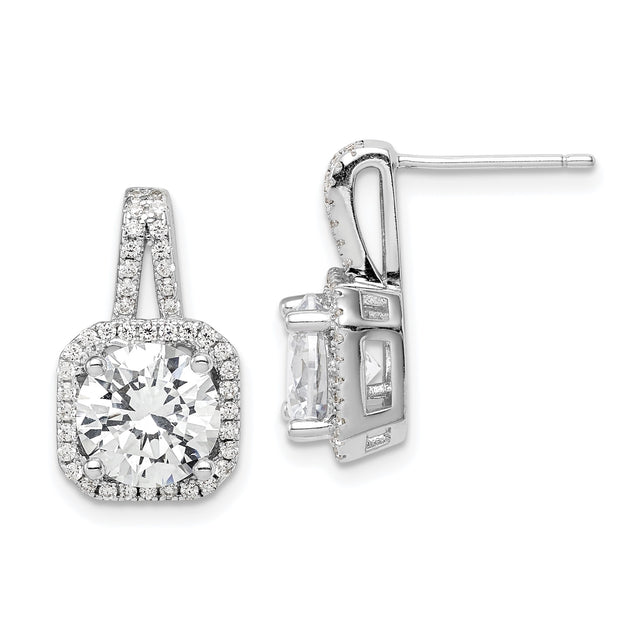 Sterling Silver Dangle Earrings with Round Cut Cubic Zirconia and Pavé Halo Setting