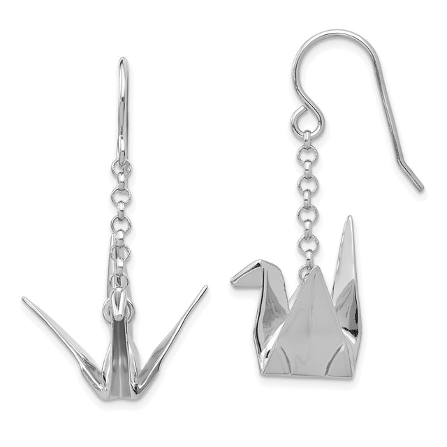 Sterling Silver Crane Drop Earrings, Origami Bird Design, Japanese Inspired Symbolic Jewelry