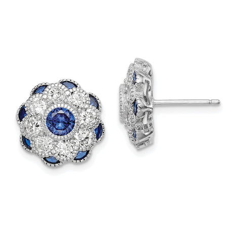Sterling Silver Floral Stud Earrings with Blue Spinel and Cubic Zirconia Halo