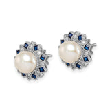 Sterling Silver Pearl Stud Earrings With Blue Gem Sunburst