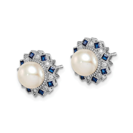 Sterling Silver Pearl Stud Earrings With Blue Gem Sunburst