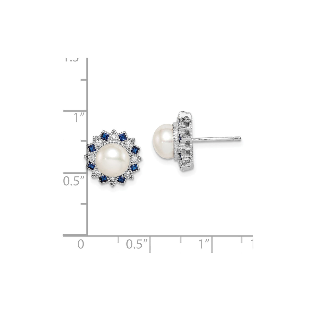 Sterling Silver Pearl Stud Earrings With Blue Gem Sunburst