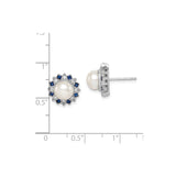 Sterling Silver Pearl Stud Earrings With Blue Gem Sunburst