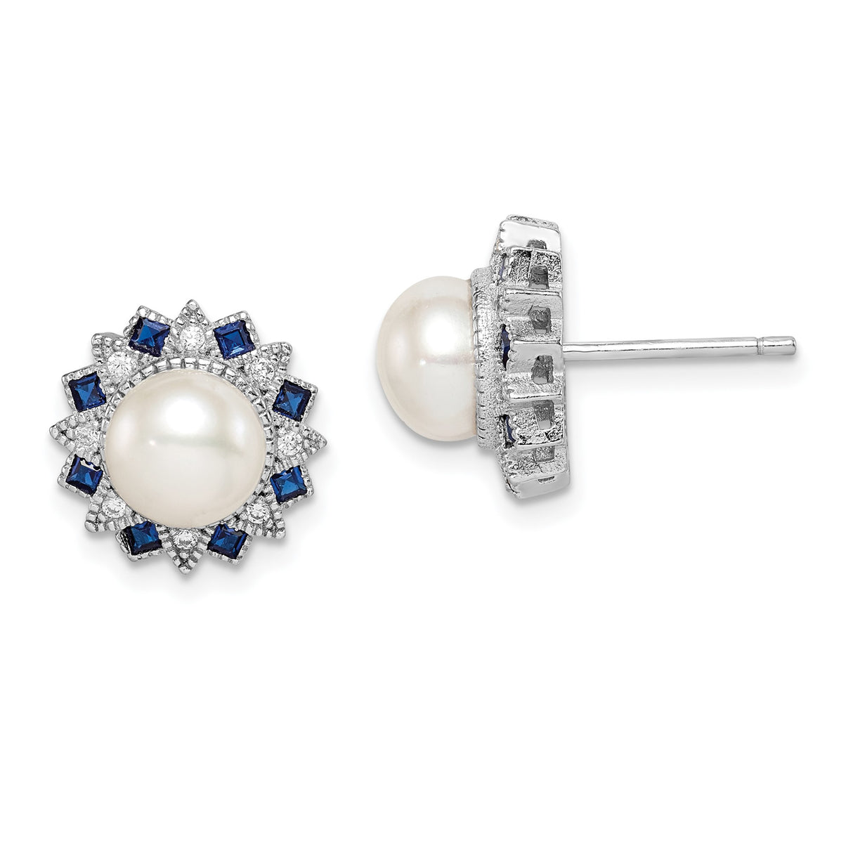 Sterling Silver Stud Earrings with White Pearl Center, Blue and Clear Gemstones in Sunburst Design, Elegant Bridal Jewelry for Women, Formal Occasion Pearl Studs, Classic Silver Evening Earrings