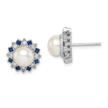 Sterling Silver Stud Earrings with White Pearl Center, Blue and Clear Gemstones in Sunburst Design, Elegant Bridal Jewelry for Women, Formal Occasion Pearl Studs, Classic Silver Evening Earrings