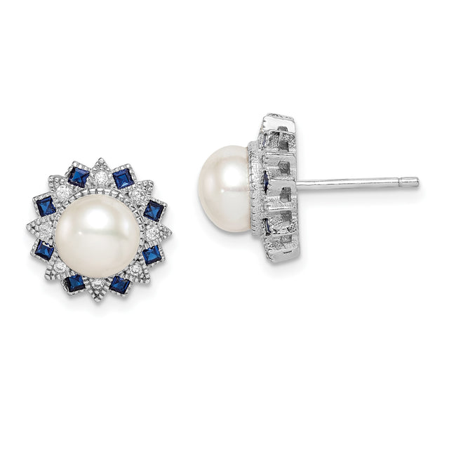Sterling Silver Stud Earrings with White Pearl Center, Blue and Clear Gemstones in Sunburst Design, Elegant Bridal Jewelry for Women, Formal Occasion Pearl Studs, Classic Silver Evening Earrings