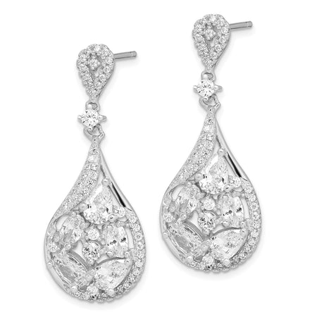 Sterling Silver Dangle Earrings with Cubic Zirconia, Teardrop Openwork Leaf Design for Women