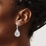 Sterling Silver Dangle Earrings with Cubic Zirconia, Teardrop Openwork Leaf Design for Women