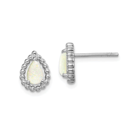 Sterling Silver Teardrop Stud Earrings for Women with Pear-Shaped White Opal Center, Beaded Frame Design, Dainty Everyday Jewelry, Classic Opal Accessory, Modern Minimalist Silver Style